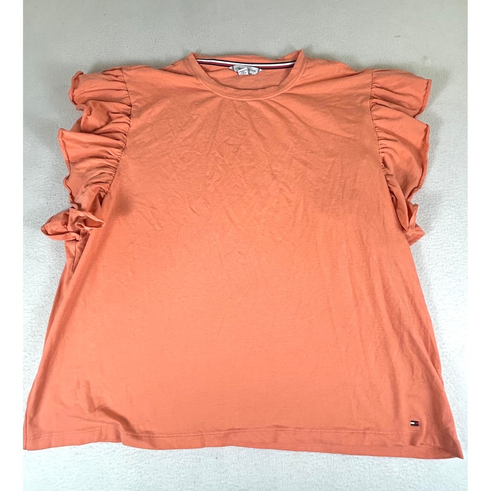 Tommy Hilfiger Ruffle Sleeve T-Shirt Womens XXL Orange XW05034 Casual Preppy